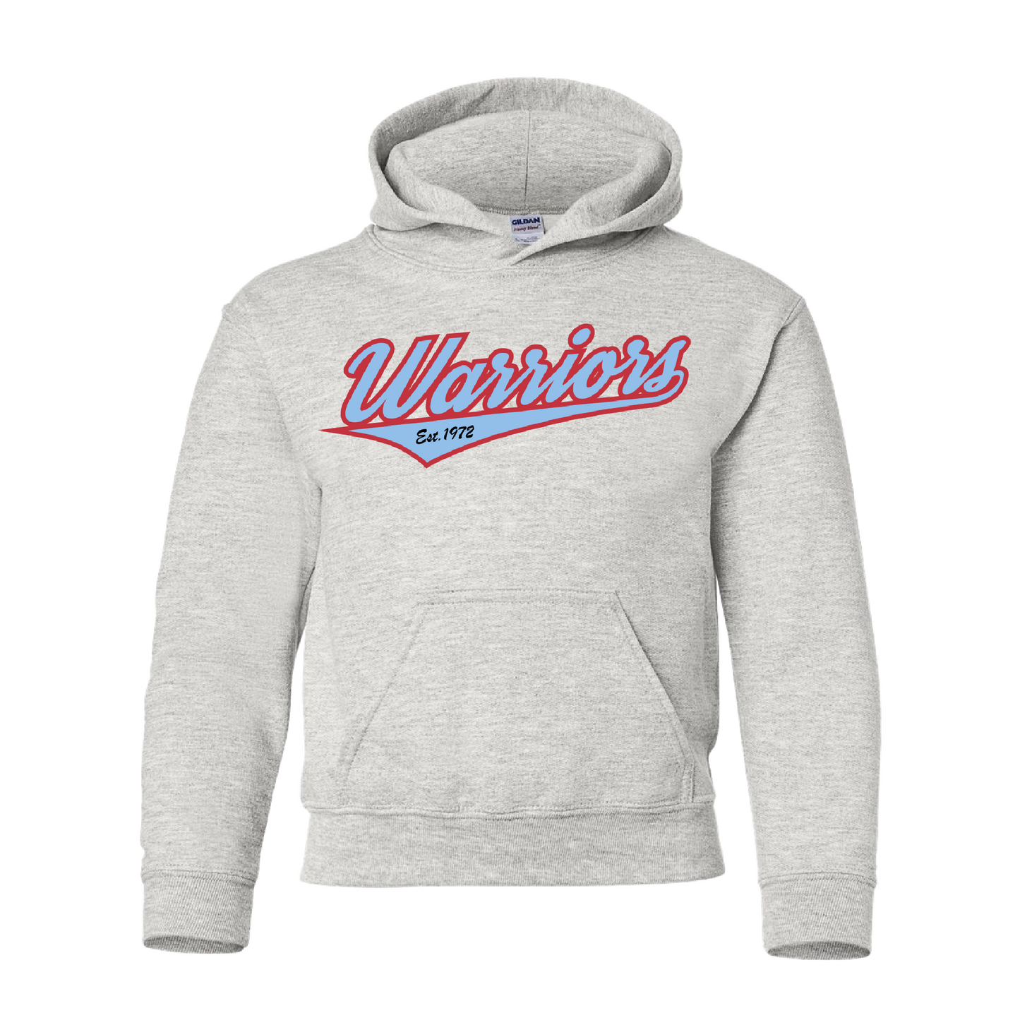 A light heather gray pullover hoodie featuring a 'Warriors Est 1975' graphic on the chest in red and blue, displayed on a solid white background.